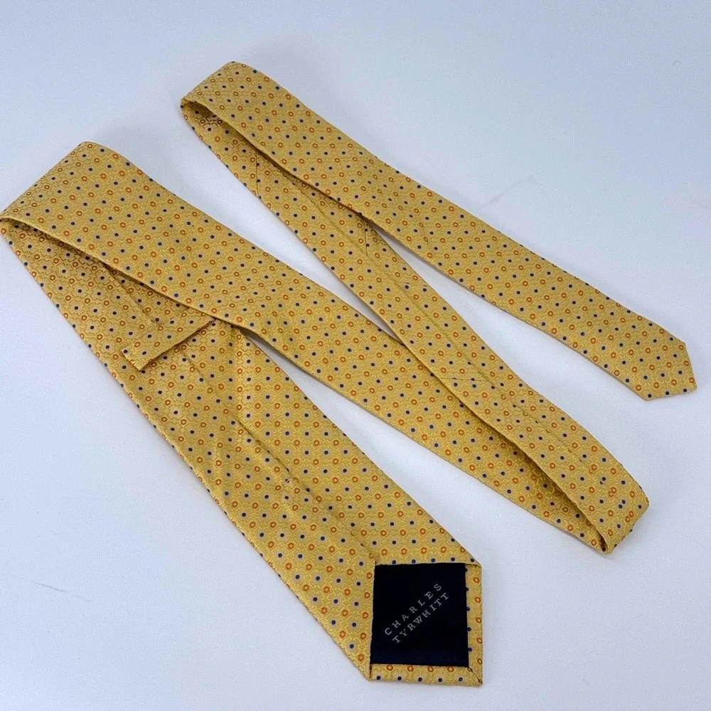 Charles Tyrwhitt Mens Silk Tie‎ Yellow Gold Blue Geometric Medallion Foulard 60L